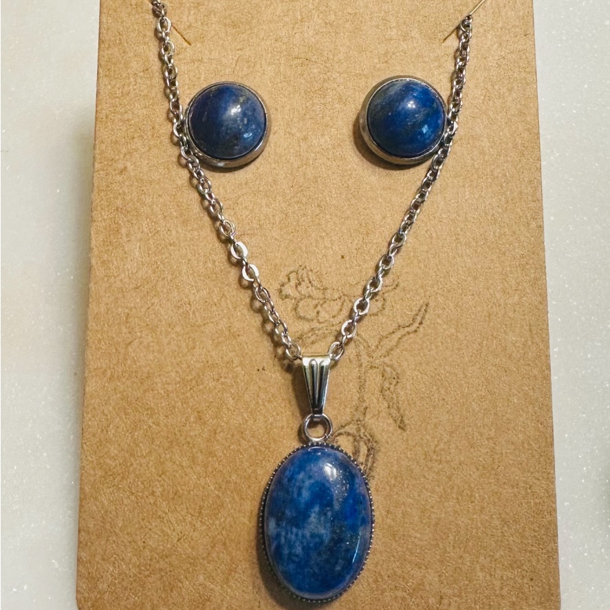 Handcrafted Lapis Lazuli Stud Earrings And Necklace Set